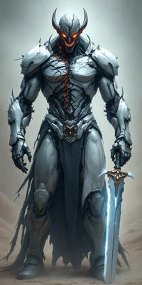 The primary subject of the image is a character, possibly a robot or a warrior, wearing a silver suit and holding a sword. The setting appears to be a futuristic or fantasy environment, with a gray background. The visual style is a digital art or illustration, showcasing the character's intricate design and details. The colors and mood of the image are predominantly silver and gray, giving it a sleek and futuristic appearance.